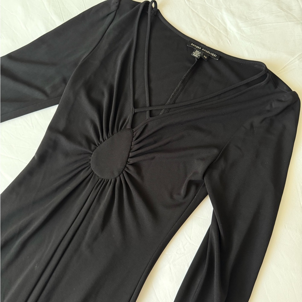Black Sheath Dress with V-Neck and Bishop Sleeves